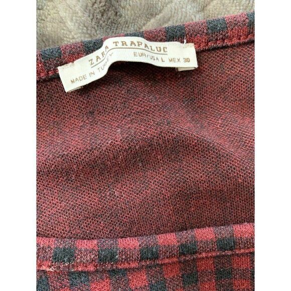 Zara Womens Burgundy Red Black Checked Long Sleeve Sweater Top Large - Picture 5 of 6